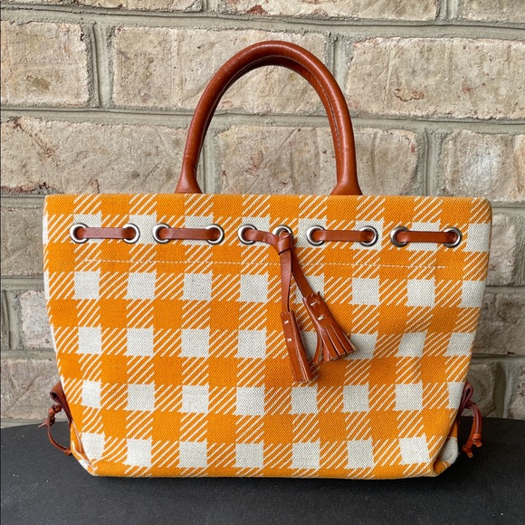 Dooney & Bourke Orange Checkered Tote with Brown Tassel Accents - Picture 2 of 7